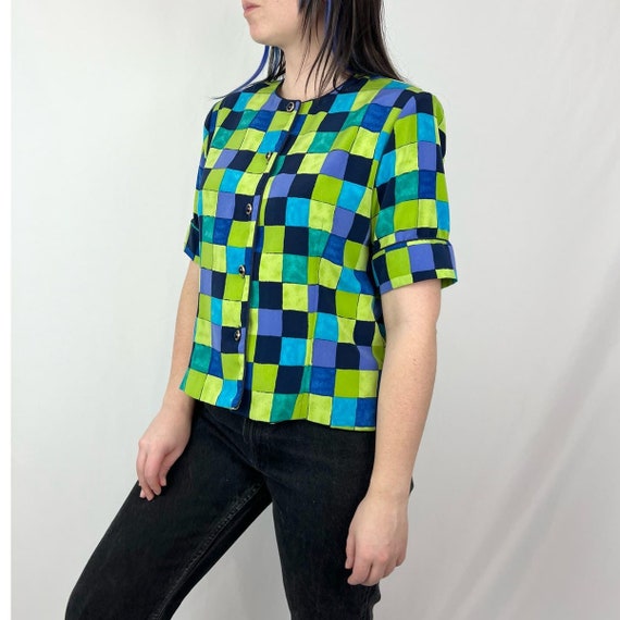 Vintage 80s Funky Blue & Green Squares Checkered … - image 3