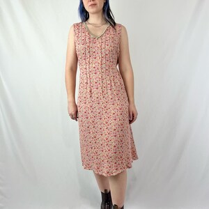 Vintage 90s Light Pink & Yellow Sleeveless Floral Print Midi Dress M L image 3