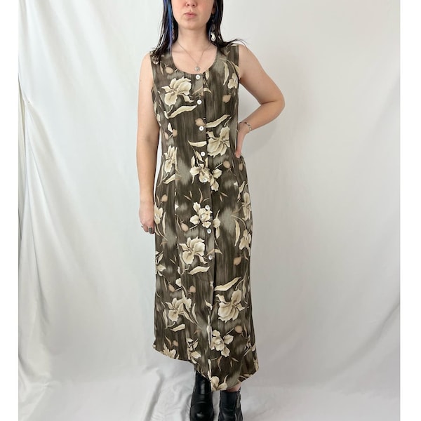 Vintage 90s Brown Floral Sleeveless Button Down A Line Maxi Dress