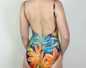 Vintage 80s/90s Colorful Floral Low Scoop Back One Piece Swimsuit M