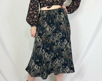 Vintage 90s Blue Brown Dark Peacock Print Midi Tulip Skirt M