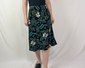 Vintage 90s Blue Green Funky Abstract Print Floral Midi Skirt M