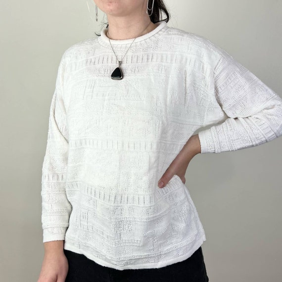 Bright White Vintage 70s Patterned Knitted Sweater - image 1