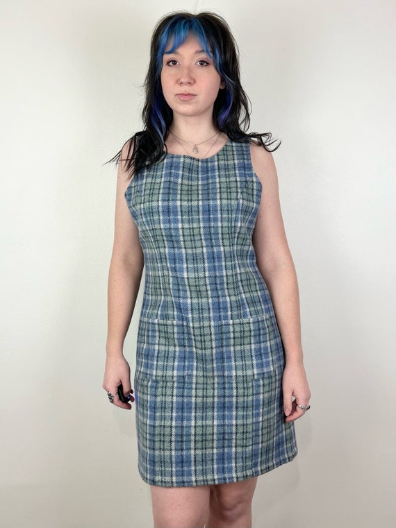 Vintage 90s Mod Blue & Green Plaid Wool Sleeveless