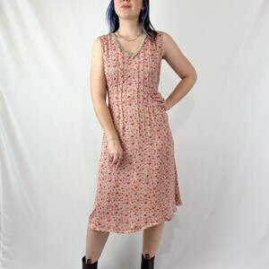 Vintage 90s Light Pink & Yellow Sleeveless Floral Print Midi Dress M L image 1