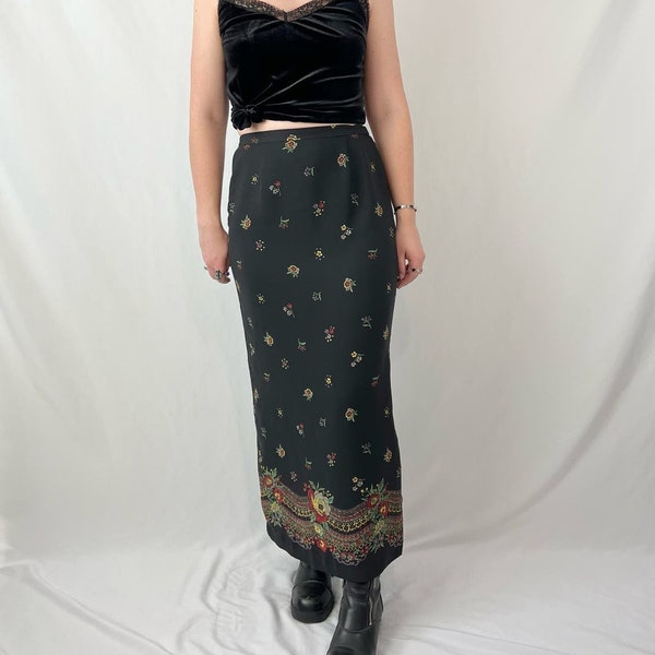 Vintage 90s Black Floral Print A Line Maxi Skirt S