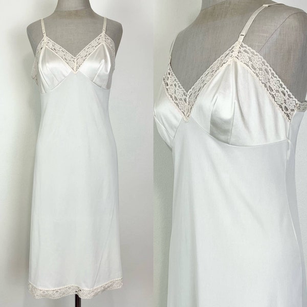Vintage Cream Vanity Fair Midi Strappy Lace Slip Dress Night Gown