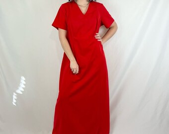 Vintage 70s Bright Red Short Sleeve Housecoat V Neck Maxi Dress XL 2XL