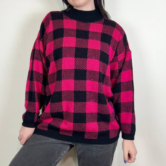 Vintage 80s Hot Pink & Black Checkered Sweater - image 3