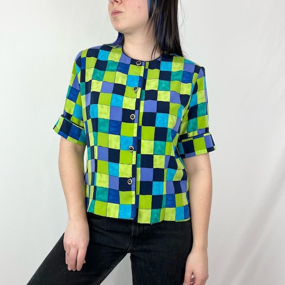 Vintage 80s Funky Blue & Green Squares Checkered … - image 1