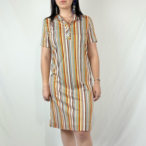 Vintage 70s Colorful Rainbow Striped Collared Mod… - image 3