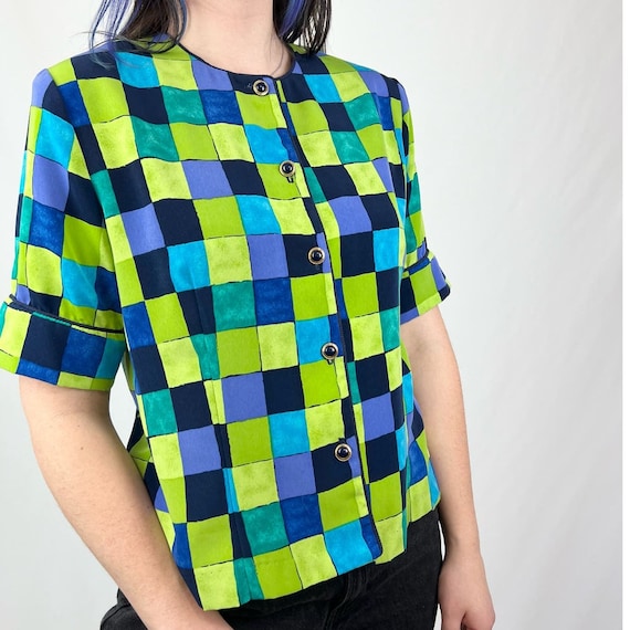 Vintage 80s Funky Blue & Green Squares Checkered … - image 2