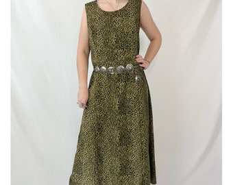 Vintage 90s Green & Black Animal / Cheetah Print A Line Sleeveless Maxi Dress L/XL