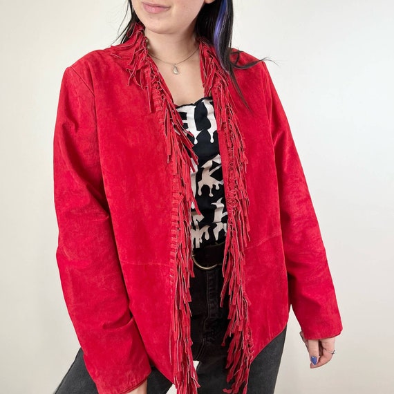 Women's Red Western Wear Cowgirl Jacket Suede Leather Fringe Style Jacket