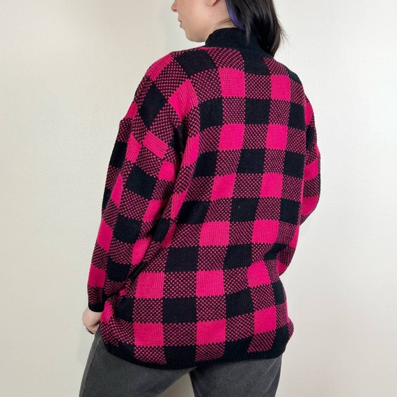 Vintage 80s Hot Pink & Black Checkered Sweater - image 4