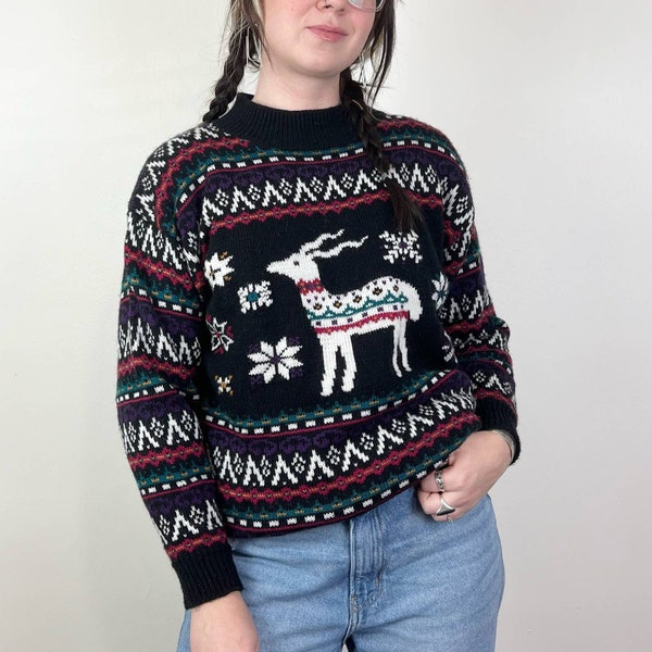 Northern Isles Vintage 90s Black Patterned Holiday Deer Sweater