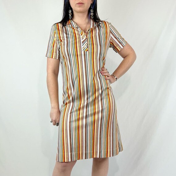 Vintage 70s Colorful Rainbow Striped Collared Mod… - image 1