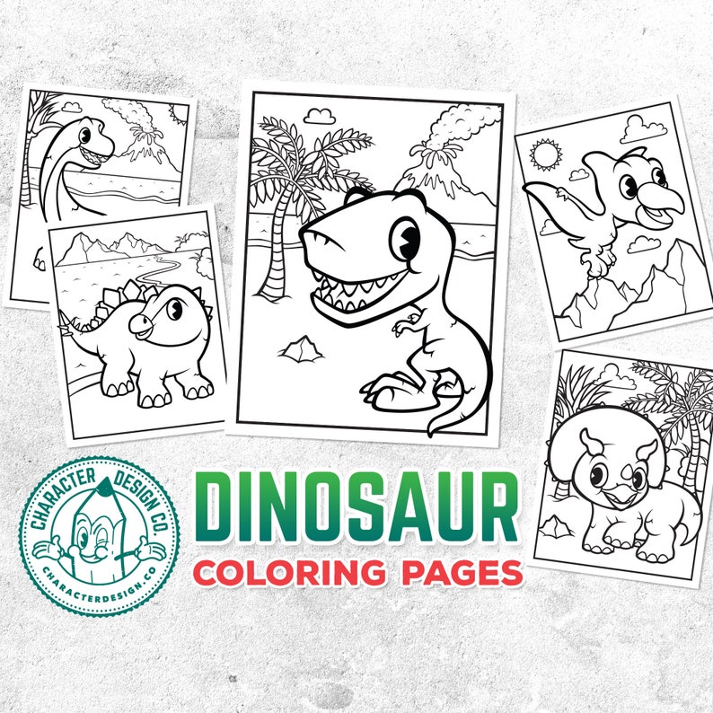 May include: Five black and white coloring pages featuring different dinosaurs. The pages are arranged in a collage with the text "Dinosaur Coloring Pages" in the center.