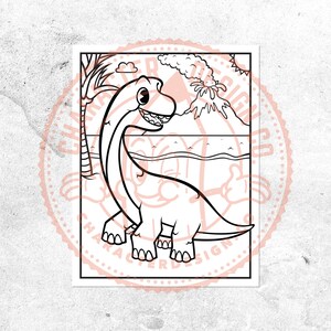 May include: A black and white line drawing of a cartoon dinosaur standing on a beach with a volcano in the background. The dinosaur has a long neck and a long tail. The volcano is erupting with smoke and lava.