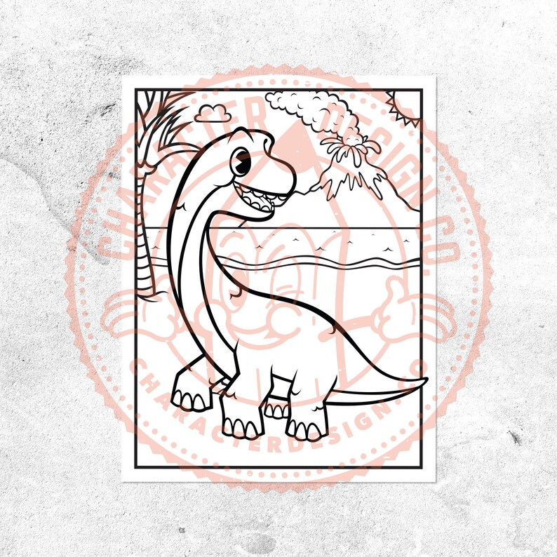 May include: A black and white line drawing of a cartoon dinosaur standing on a beach with a volcano in the background. The dinosaur has a long neck and a long tail. The volcano is erupting with smoke and lava.
