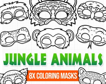 Dschungeltier Masken, Dschungeltier Masken zum ausdrucken, Färben Sie Ihre eigenen Masken, Dschungeltier Party, Tiger, Schlange, Faultier, Schimpanse,