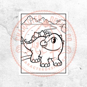 May include: A black and white line drawing of a cartoon dinosaur with a spiky back, walking on a path in a mountainous landscape.