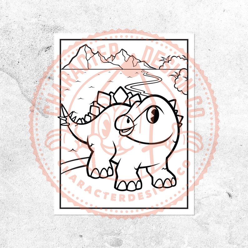 May include: A black and white line drawing of a cartoon dinosaur with a spiky back, walking on a path in a mountainous landscape.