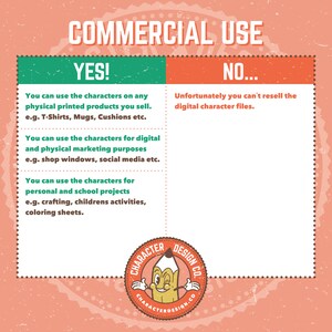 May include: A green and red infographic with the text "COMMERCIAL USE" in a white circle. The infographic explains the commercial use of digital character files. The text "YES!" is in a green box and the text "NO..." is in a red box. The infographic includes a logo for "CHARACTER DESIGN CO."