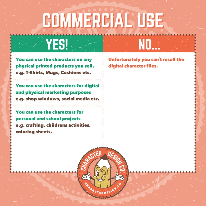 May include: A green and red infographic with the text "COMMERCIAL USE" in a white circle. The infographic explains the commercial use of digital character files. The text "YES!" is in a green box and the text "NO..." is in a red box. The infographic includes a logo for "CHARACTER DESIGN CO."