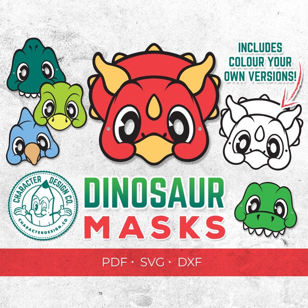 Druckbare Dinosaurier-Masken für Kinder, Färbung Ihrer eigenen Aktivitätsmasken, perfekt für Kinder-Dinosaurier-Partys, druckbare Dino-Masken, Ausmalmasken, SVG