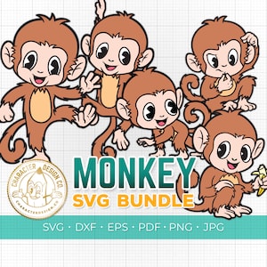 Monkey SVG pack, Cute Monkey Cut Files, Ape SVG, Jungle Animal Cutting Files, Monkey Characters, Cartoon Clipart, Layered Monkey clipart
