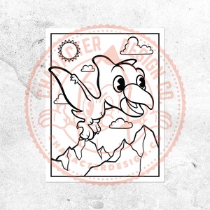 May include: A black and white line drawing of a cartoon pterodactyl flying over mountains. The pterodactyl has large eyes and a wide smile. The sun is shining in the sky and there are clouds.
