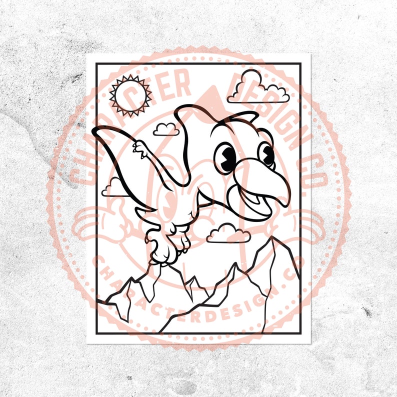 May include: A black and white line drawing of a cartoon pterodactyl flying over mountains. The pterodactyl has large eyes and a wide smile. The sun is shining in the sky and there are clouds.