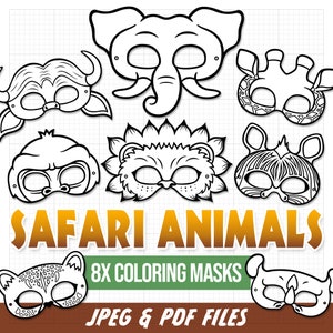 Safari Tier Masken, Safari Tier druckbare Masken, Färben Sie Ihre eigenen Masken, Safari Party, DIY Masken, Löwe, Elefant, Giraffe, Gepard