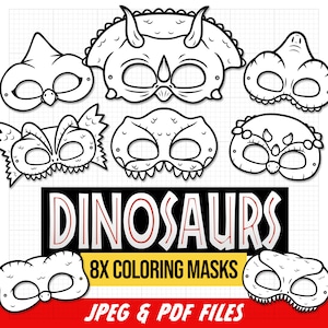 Dinosaurusmaskers, dinosaurusafdrukbare kleurmaskers, kleur je eigen maskers, dinosaurusfeest, dinosaurusfeest, dino, dinosaurus DIY, T-Rex, triceratops, Raptor