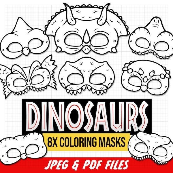 Dinosaur Masks, Dinosaur Printable Coloring Masks, Color Your Own Masks, Dinosaur Party, Dino, Dinosaur DIY, T-Rex, Triceratops, Raptor