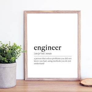May include: A framed print with a definition of the word "engineer" in black text on a white background. The definition reads: "a person that solves problems you did not know you had, using methods you do not understand."