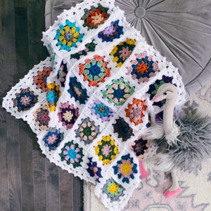 READY TO SHIP . vintage inspired granny square baby blanket . stroller blanket . multi color . image 1