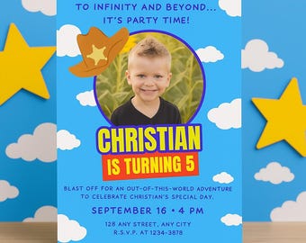 Faire-part inspiré d'une histoire de jouets - Modèle modifiable - Invitation à une fête à l'infini et au-delà