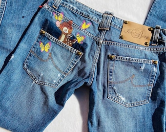 Vintage 90s y2k Iceberg embroidered Disney Bambi cartoon bootcut denim jeans