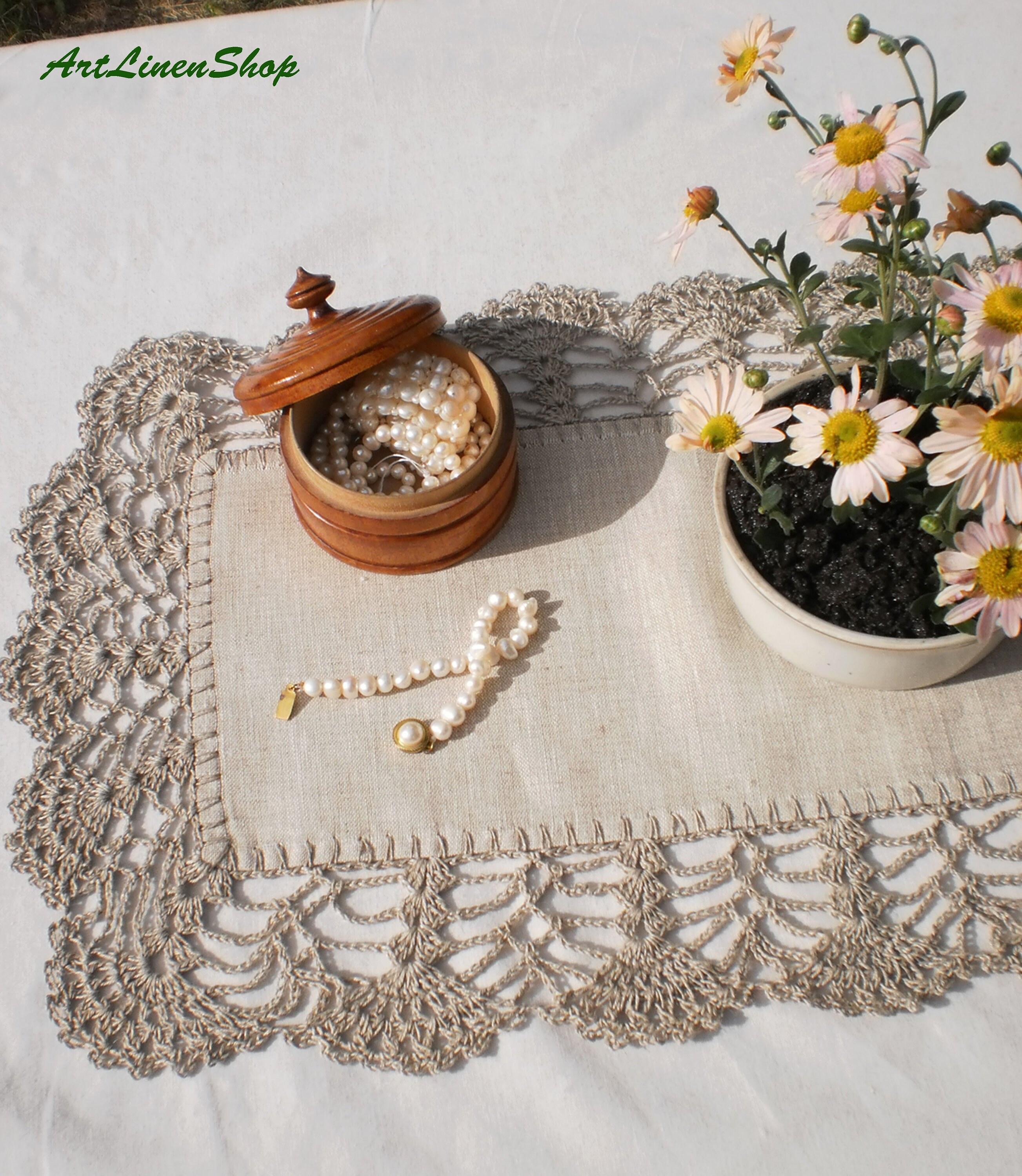 Linen table runner Crochet doilies Lace tablecloth Etsy