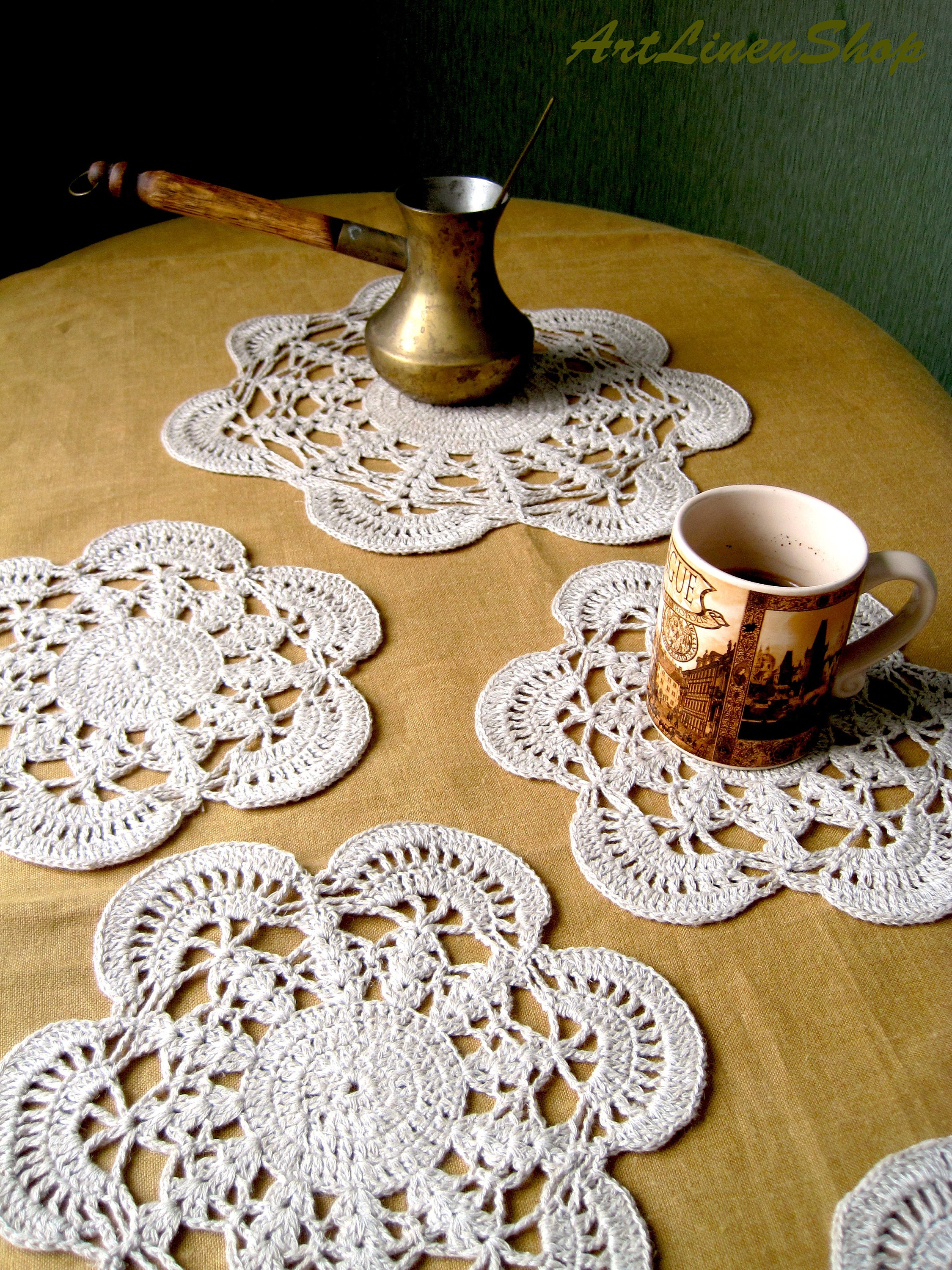 Lace doily coasters Crochet linen coasters Lace round coasters Etsy