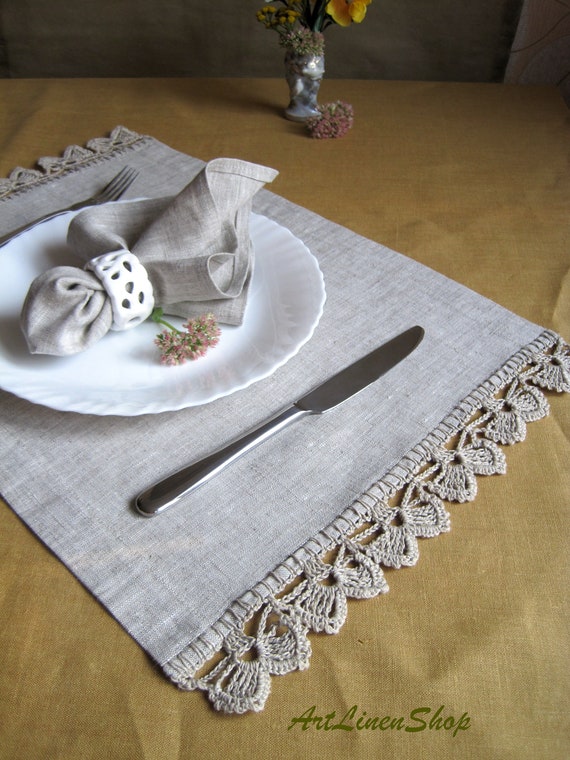 Linen doily placemats set Lace table mats Gray reusable Etsy