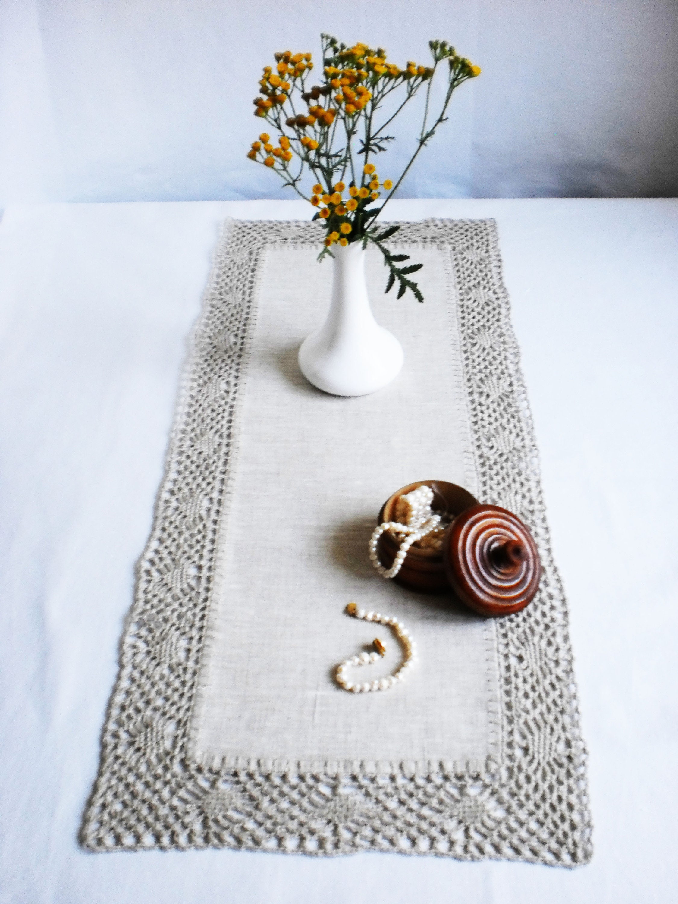 Linen table runner Crochet doily Small tablecloth Lace Etsy