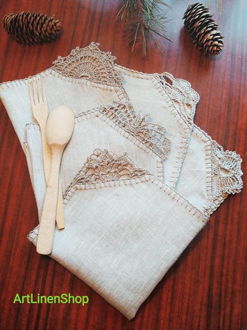 Gray linen napkins Rustic wedding napkins with lace