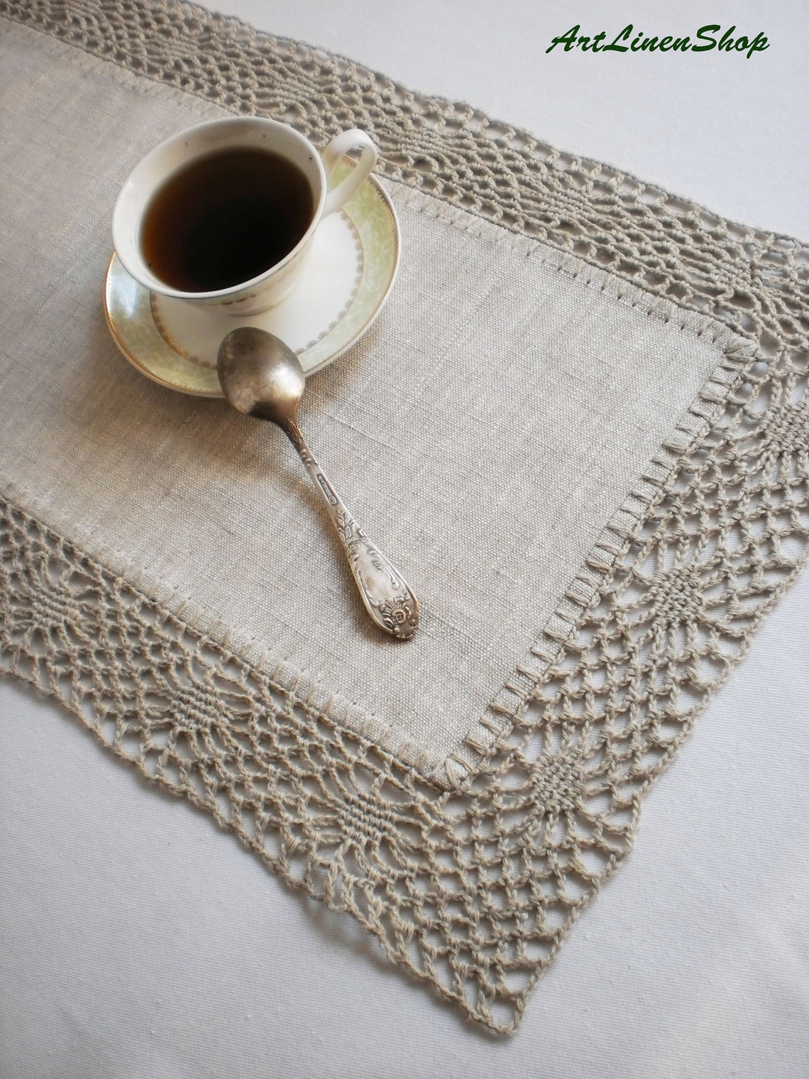 Small tablecloth runner Linen table topper with lace Table Etsy