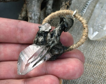 Isa / Handsculpted mushroom and roots on a double clear quartz point // Witch jewelry