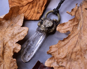 Trollsten // Handsculpted mushrooms and quartz crystal pendant // Witchy jewelry