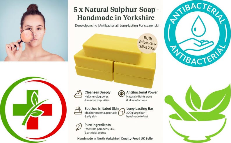以下が含まれることがあります： 「5 x Natural Sulphur Soap - Handmade in Yorkshire」のテキストが入った、ヨークシャーで手作りの黄色の硫黄石鹸5個。石鹸は、ディープクレンジング、抗菌性、長持ちすると宣伝されています。利点に関するアイコンとテキストが含まれています。