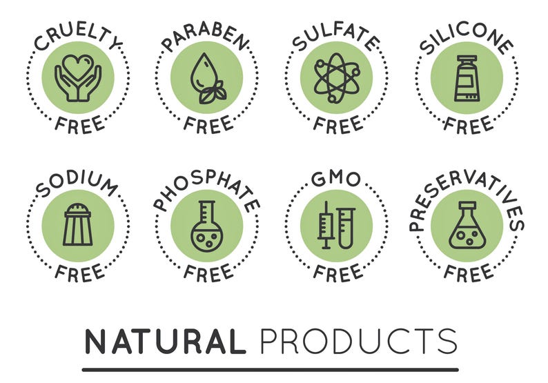 May include: Eight green and white circular icons with black outlines and text. Each icon represents a common ingredient or additive that is often excluded from natural products. The icons include cruelty-free, paraben-free, sulfate-free, silicone-free, sodium-free, phosphate-free, GMO-free, and preservatives-free. The text below the icons reads "NATURAL PRODUCTS".